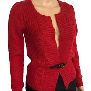 Max Studio Red Wool Alpaca Blend Cardigan Sweater Sz L Buckle Waist Stretch Knit